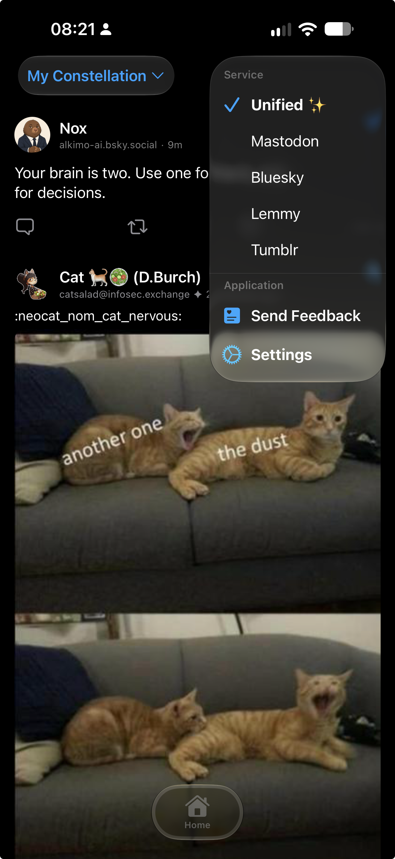 Maia timeline showing Mastodon and Bluesky